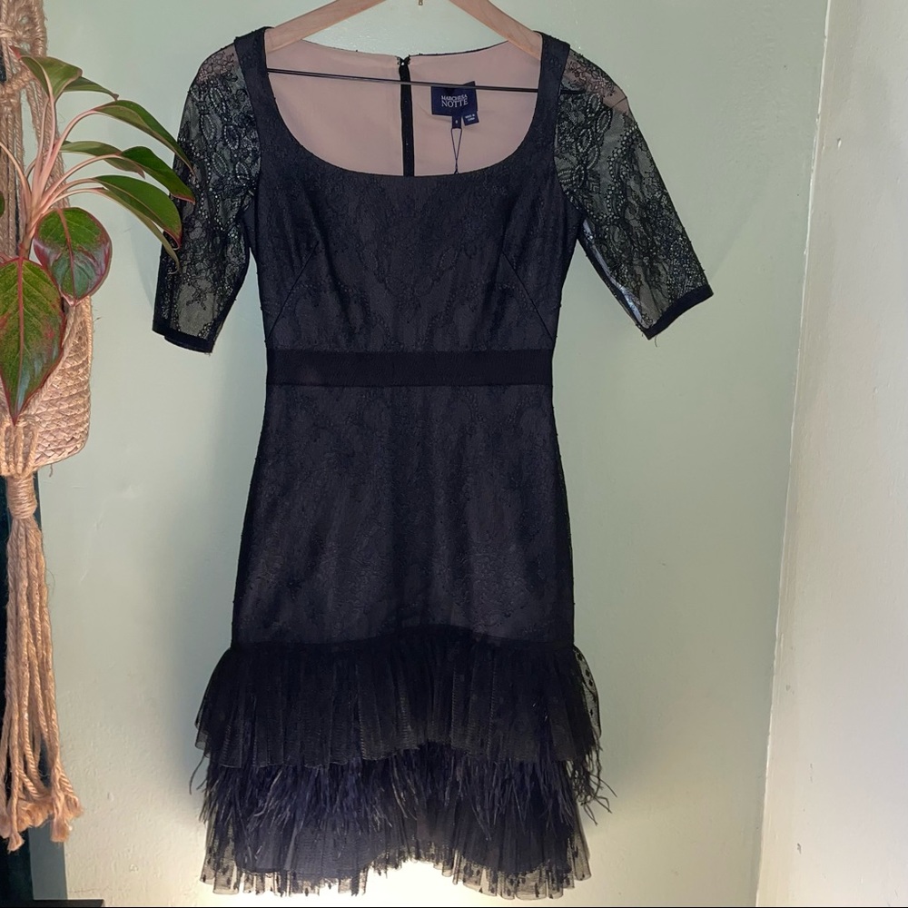 Marchesa Notte Ace Cocktail Dress, Mini, Black, Ostrich Feathers and Lace, 0